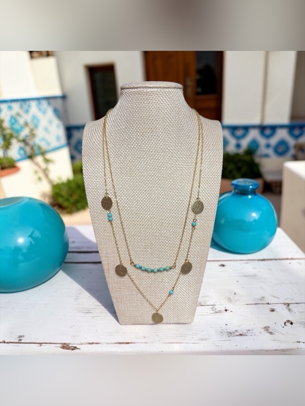 💛Boho Chic Gold-Tone Layered Necklace w/Turquoise Beads & Gold-Tone Medallions💛